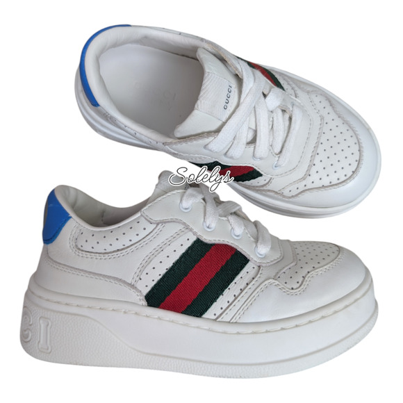 Gucci Kids Chunky GG Logo Leather Web White Blue Sneaker Toddler EU 25 US 9 - Picture 1 of 11